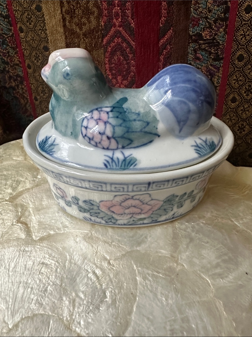 Vintage Porcelain Hen in a Nest Trinket Dish in Blue, Pink, Green